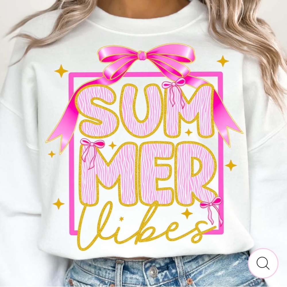 Gildan White Tee with Pink and Gold 'Summer Vibes' Design